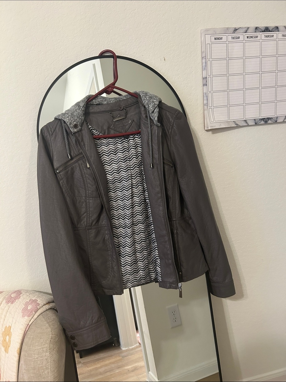 Jou Jou Charcoal Gray Hooded Faux-Leather Bomber Jacket